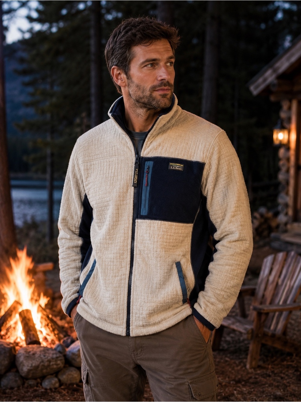 L.L.Bean Mountain Classic Windproof Fleece Cream/ Blue Jacket Mens Sz L